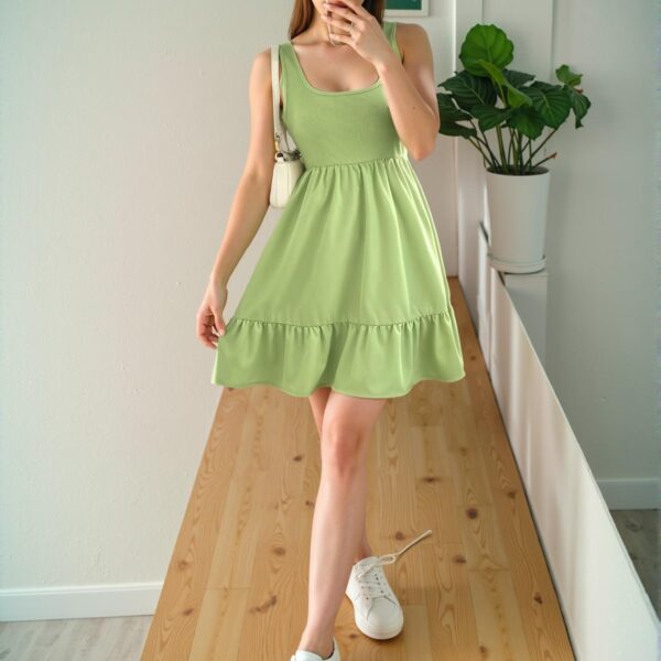 Elegant Green Ribbed Knit Square Neck A-Line Dress with Ruffle Hem for Spring and Summer - Chic, Classy, and Trendy Fashion Style to Dress to Impress