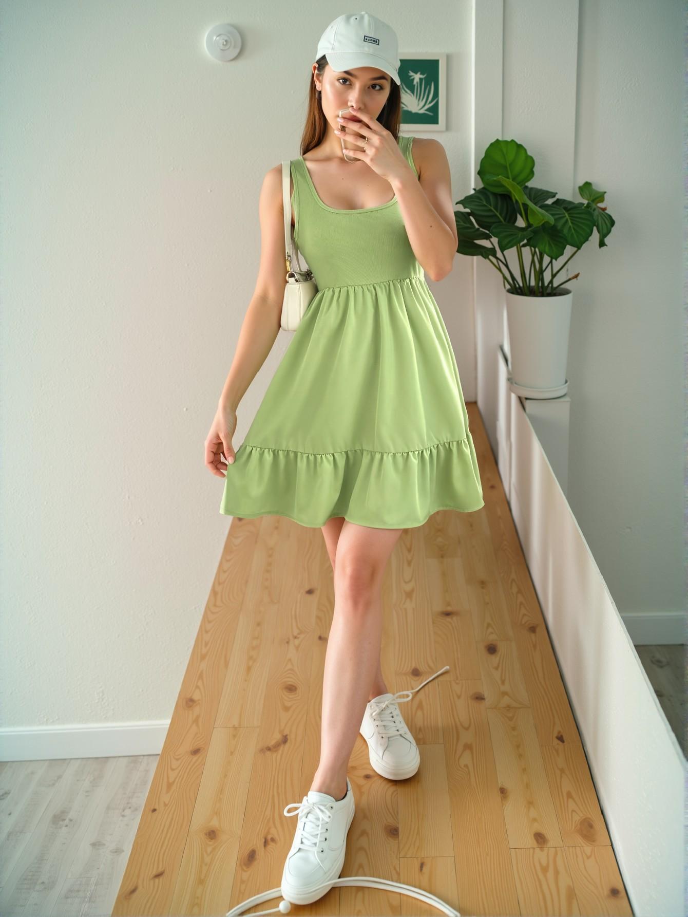 Elegant Green Ribbed Knit Square Neck A-Line Dress with Ruffle Hem for Spring and Summer - Chic, Classy, and Trendy Fashion Style to Dress to Impress