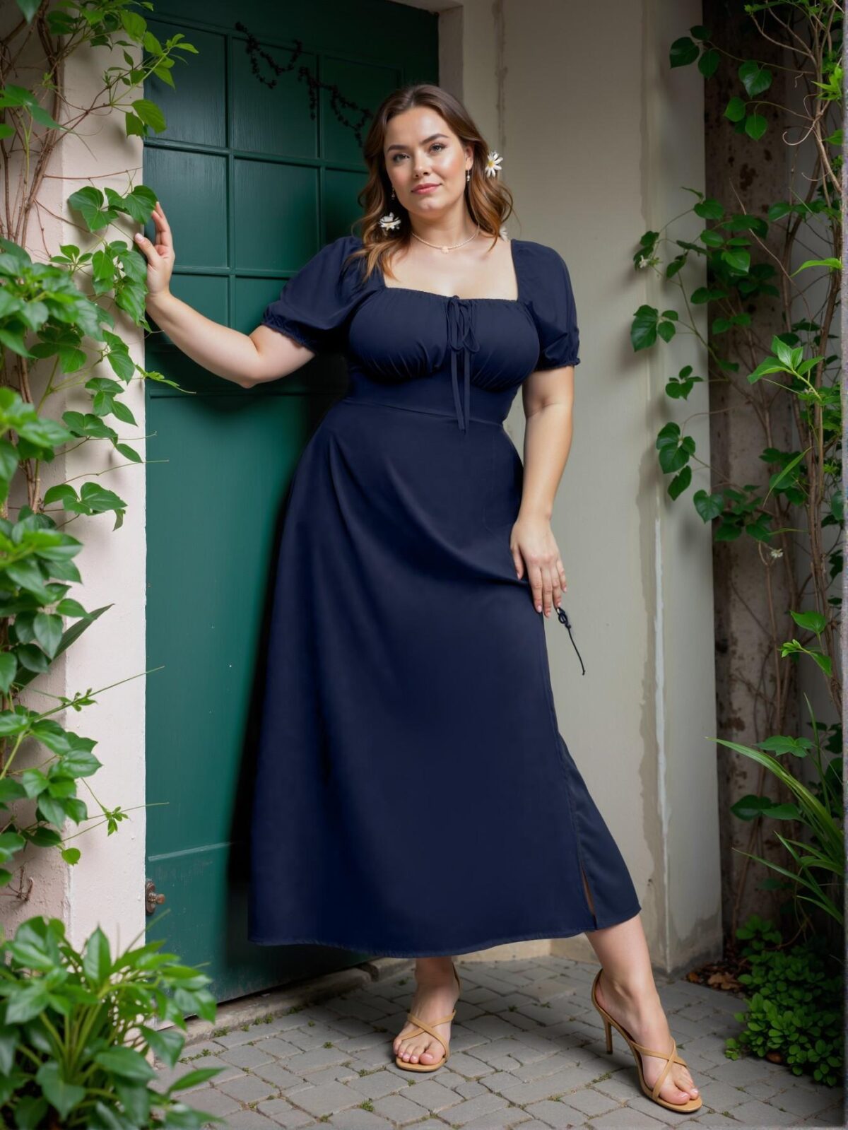 Elegant Navy Blue Flared A-Line Midi Dress with Puff Sleeves and Split Thigh Design for Summer Vacation or Christmas Celebrations - Chic, Classy and Trendy Fashion Style to Dress to Impress - Image 5
