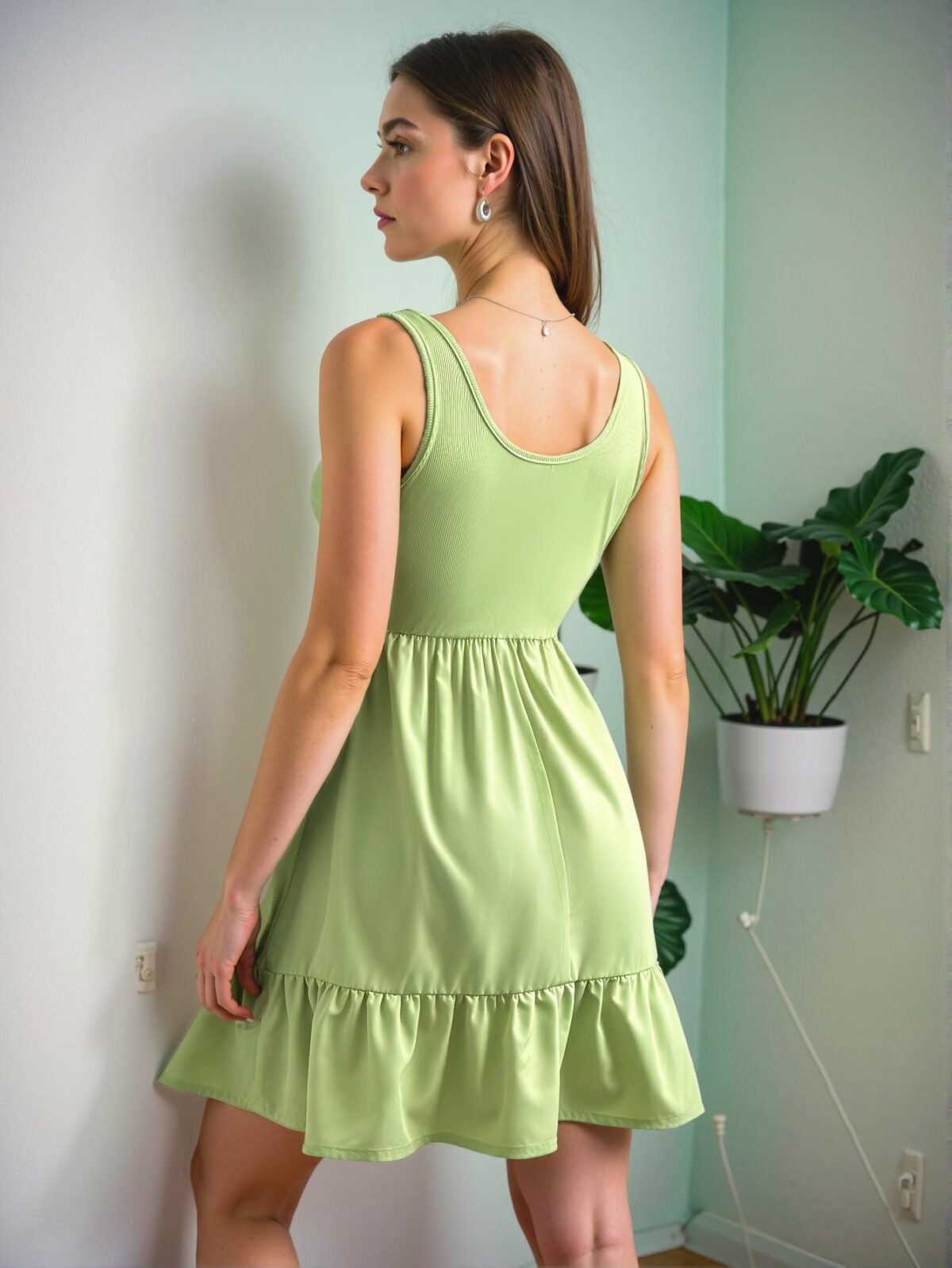 Elegant Green Ribbed Knit Square Neck A-Line Dress with Ruffle Hem for Spring and Summer - Chic, Classy, and Trendy Fashion Style to Dress to Impress - Image 2