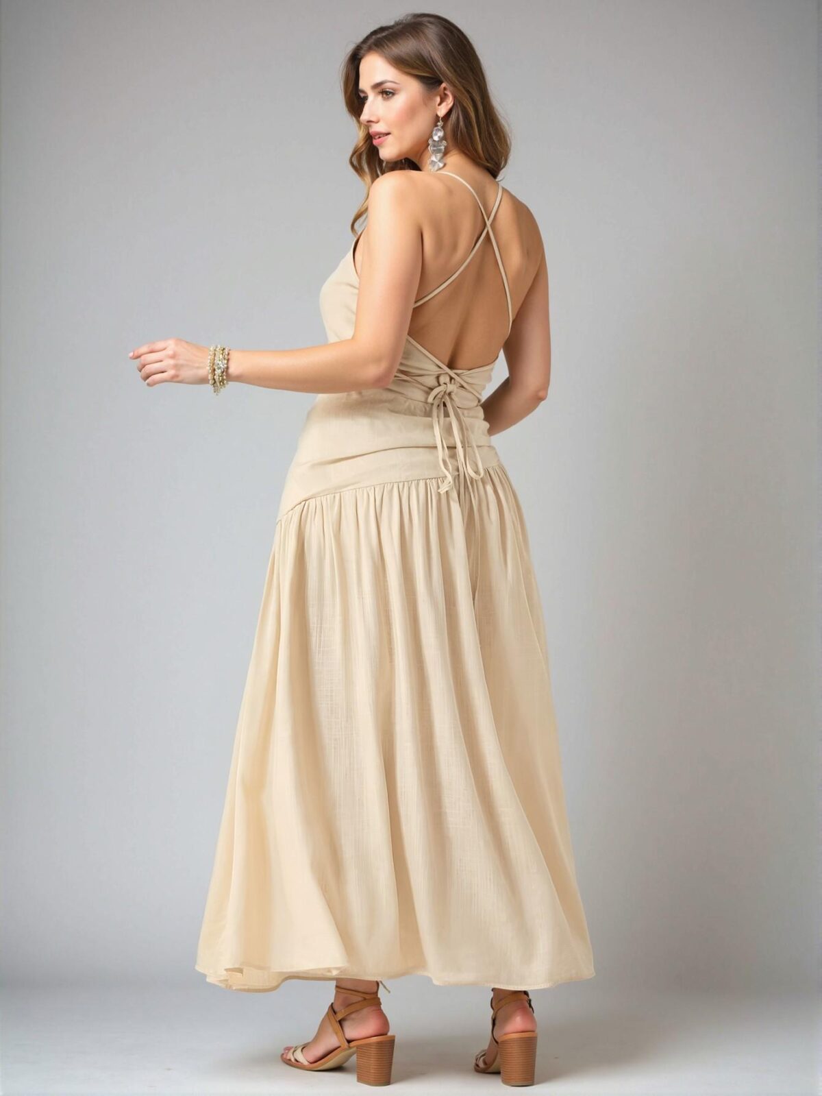 Elegant Khaki Criss Cross Backless Maxi Dress with Ruched Ruffle Hem - the Perfect Summer Outfit for Concerts, Festivals, Country Events, and Beach Days - Chic, Classy and Trendy Fashion Style to Dress to Impress - Image 2