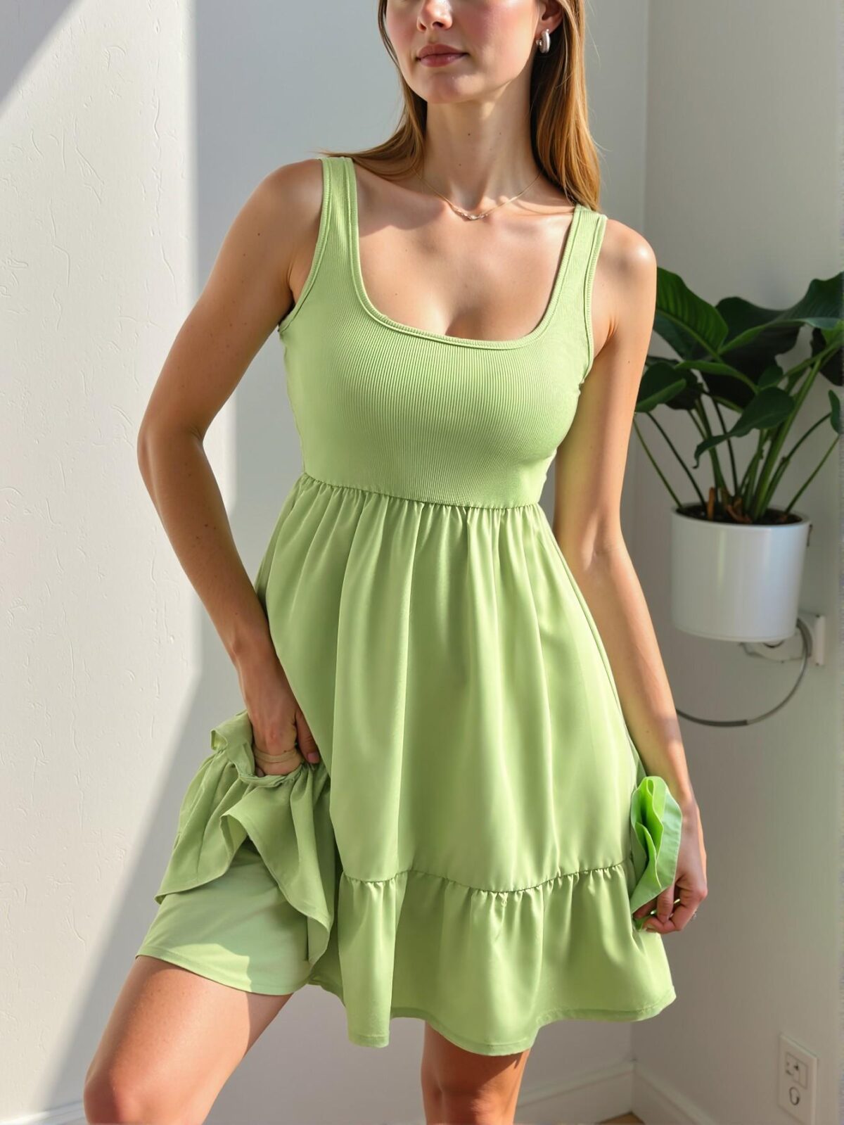 Elegant Green Ribbed Knit Square Neck A-Line Dress with Ruffle Hem for Spring and Summer - Chic, Classy, and Trendy Fashion Style to Dress to Impress - Image 3