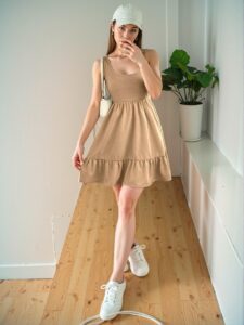 Elegant Khaki Stylish Sleeveless Ruffle Hem Round Neck Dress for Spring and Summer Chic, Classy and Trendy Fashion Style to Dress to Impress