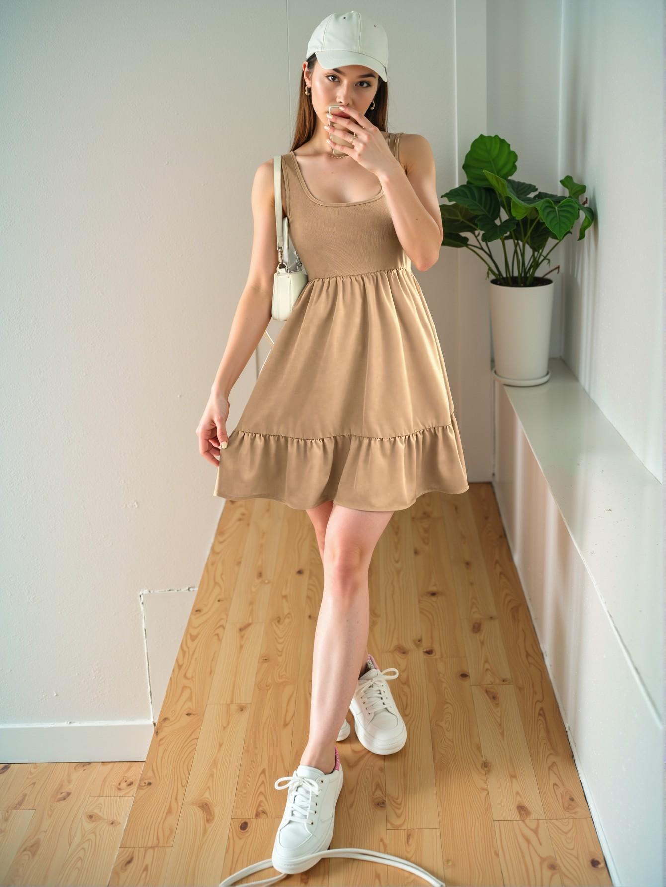 Elegant Khaki Stylish Sleeveless Ruffle Hem Round Neck Dress for Spring and Summer Chic, Classy and Trendy Fashion Style to Dress to Impress