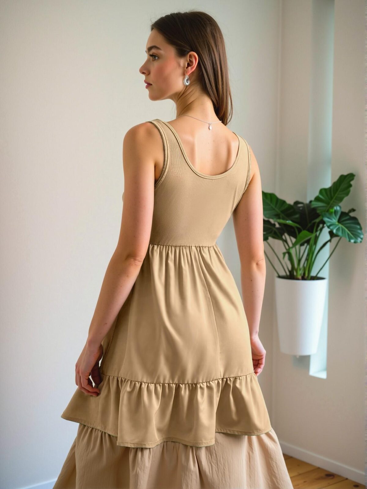 Elegant Khaki Stylish Sleeveless Ruffle Hem Round Neck Dress for Spring and Summer Chic, Classy and Trendy Fashion Style to Dress to Impress - Image 2