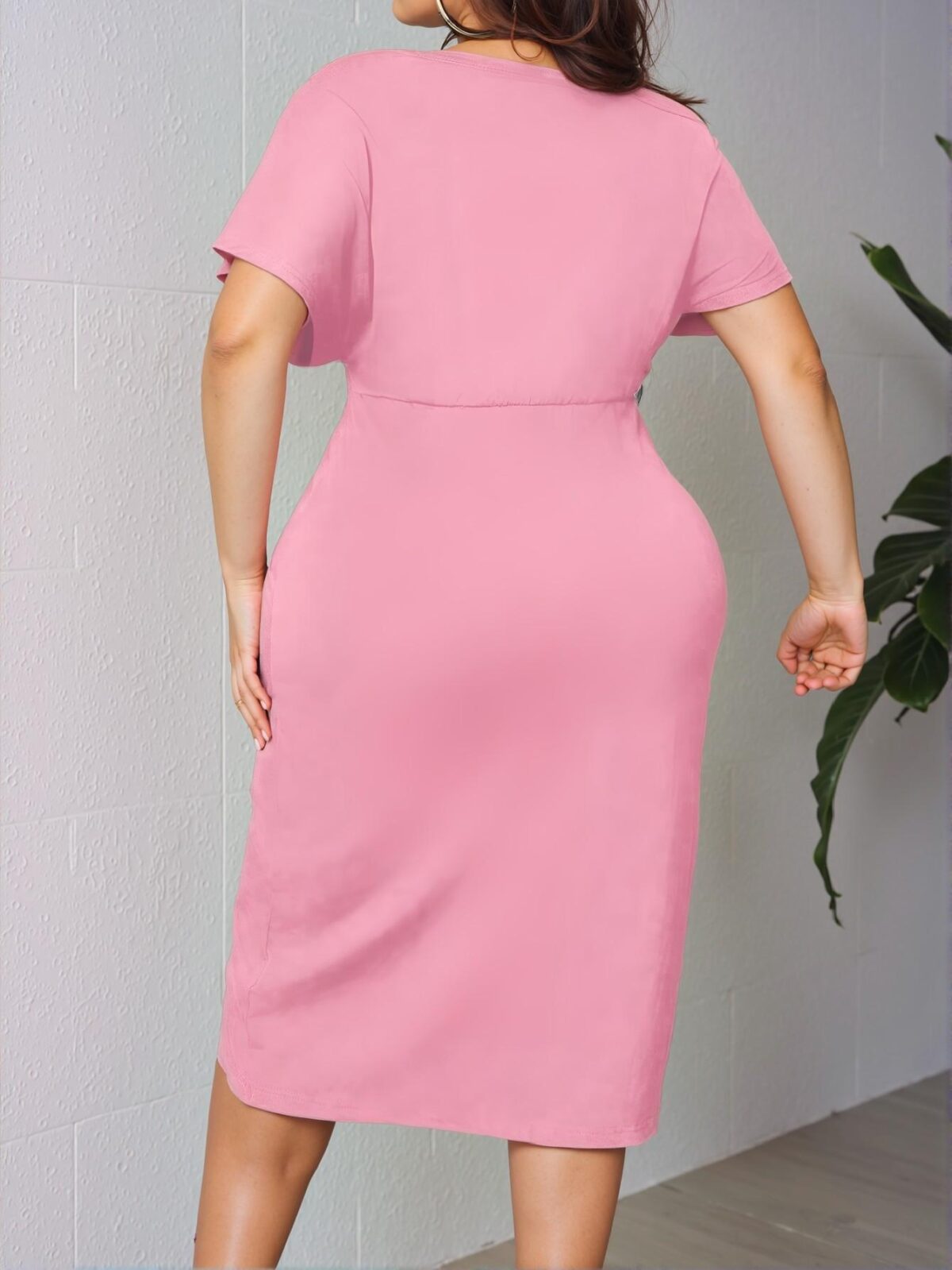 Elegant Pink Stylish Plus Size Asymmetrical Neck Twist Waist Slit Dress for Spring and Summer Chic, Classy and Trendy Fashion Style to Dress to Impress - Image 2