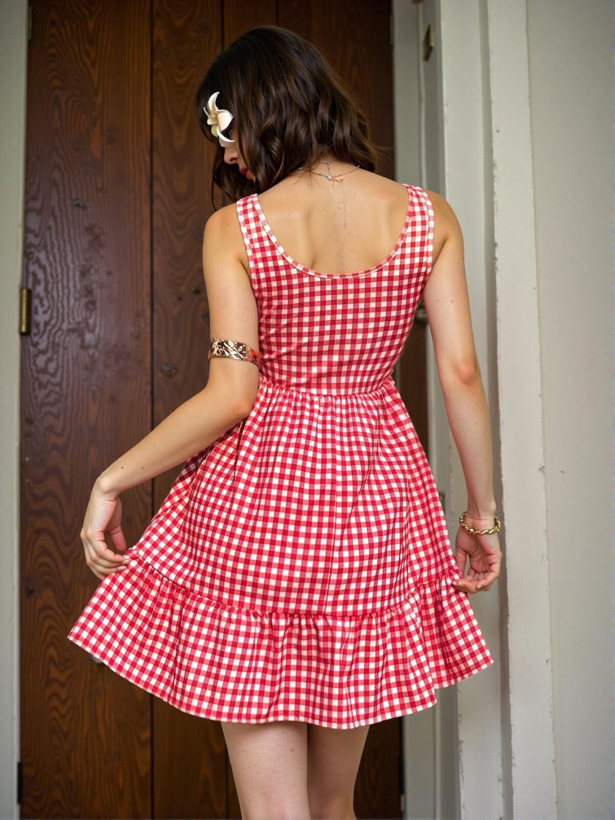 Elegant Red and White Casual Plaid Ruffle Hem Sleeveless A-Line Dress for Spring and Summer - Chic, Classy and Trendy Fashion Style to Dress to Impress - Image 2