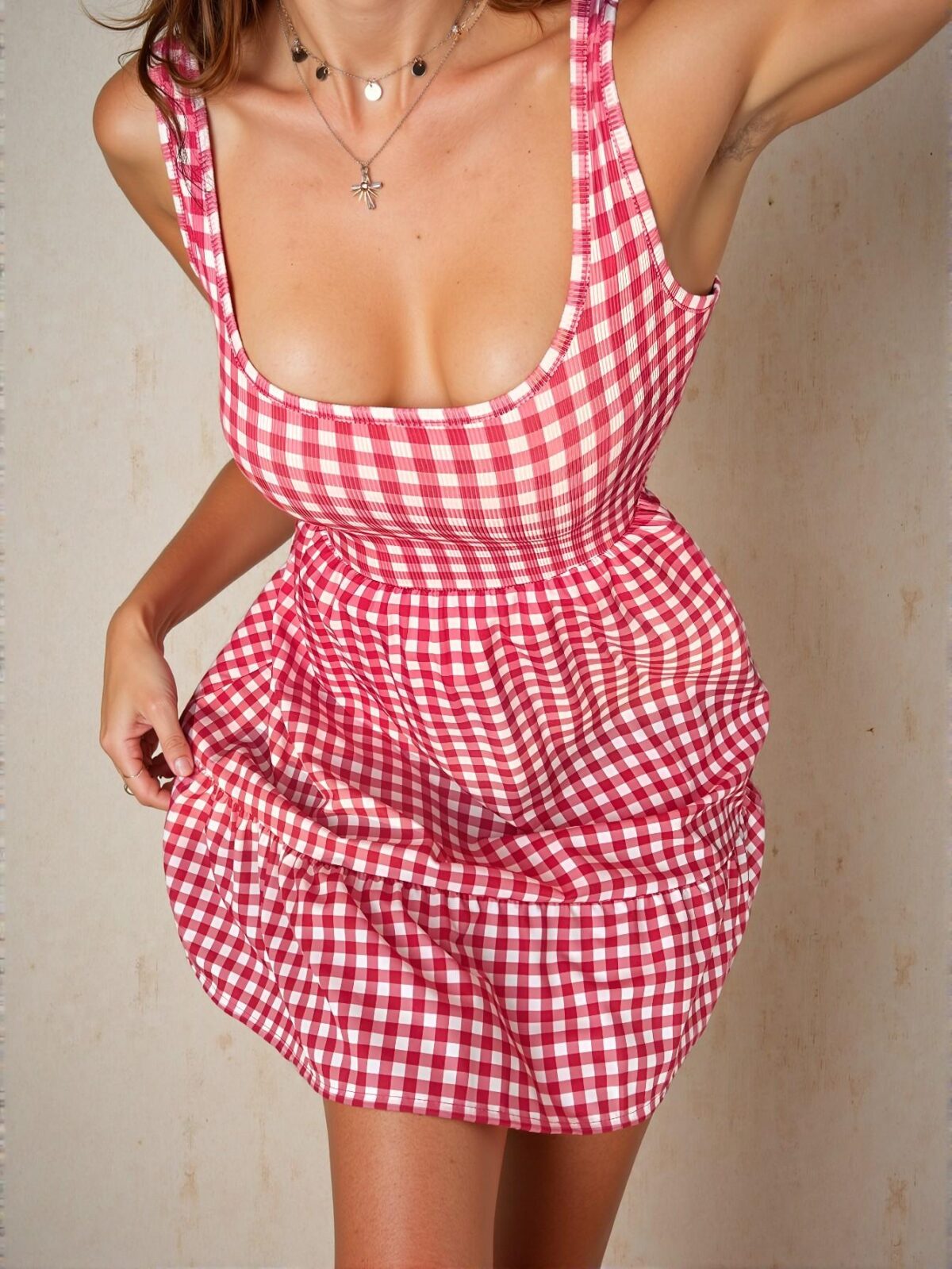 Elegant Red and White Casual Plaid Ruffle Hem Sleeveless A-Line Dress for Spring and Summer - Chic, Classy and Trendy Fashion Style to Dress to Impress - Image 3
