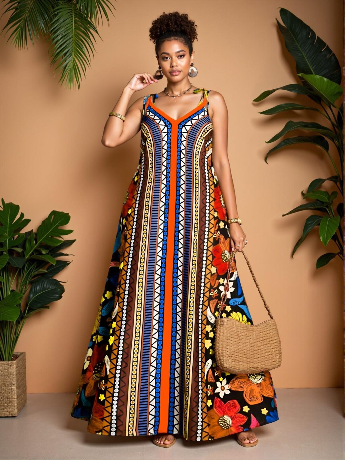 Elegant Multicolor Bohemian-Inspired Long Beach Dress with Spaghetti Straps for Spring and Summer Adventures - Chic, Classy and Trendy Fashion Style to Dress to Impress - Image 4