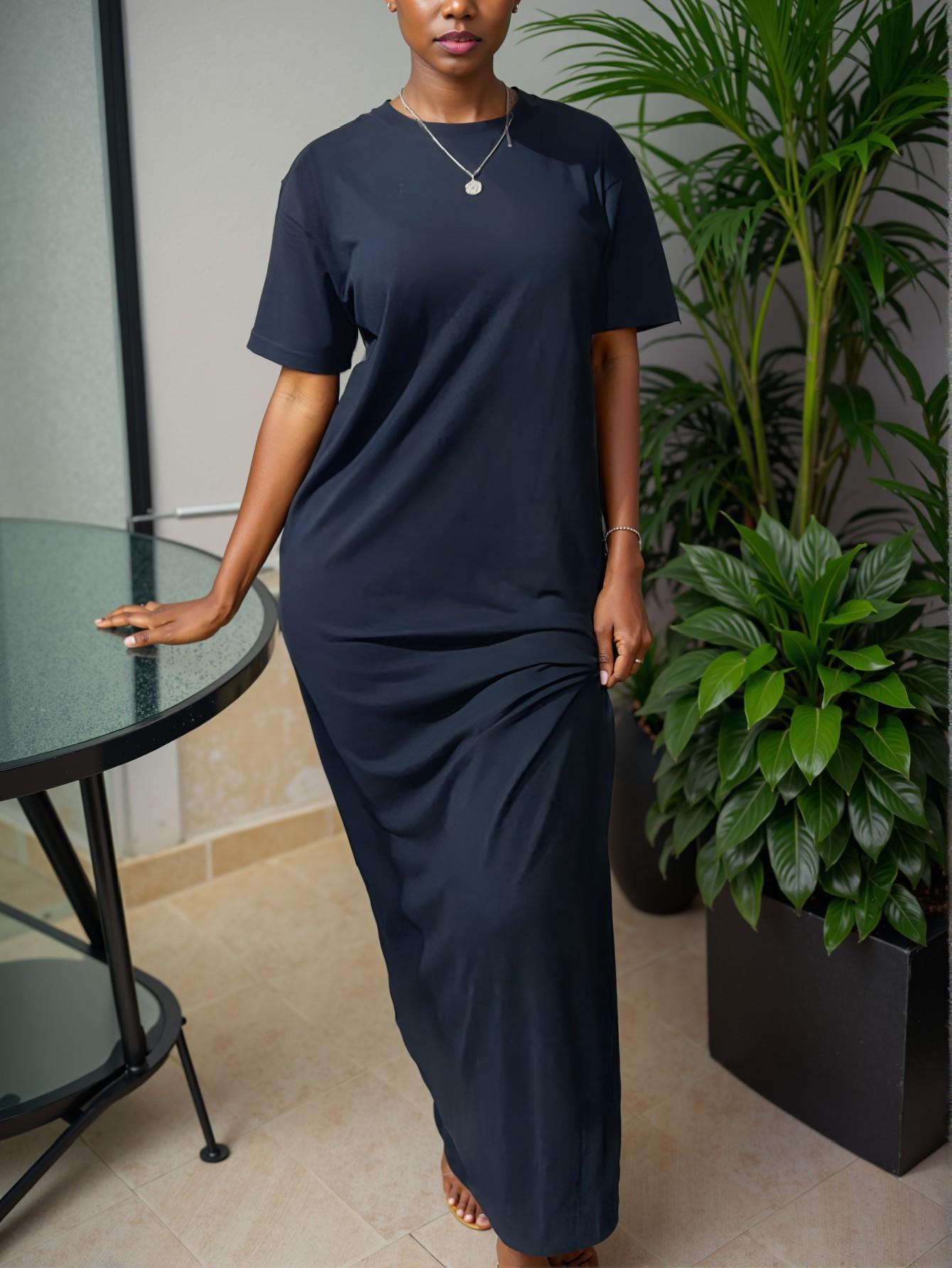 Elegant Black Bodycon Round Neck Short Sleeve Casual Long Dress for Spring and Summer - Chic, Classy and Trendy Fashion Style to Dress to Impress