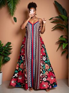 Elegant Multicolor Bohemian Beach Resort Print Long Dress for Summer Getaways Chic, Classy and Trendy Fashion Style to Dress to Impress