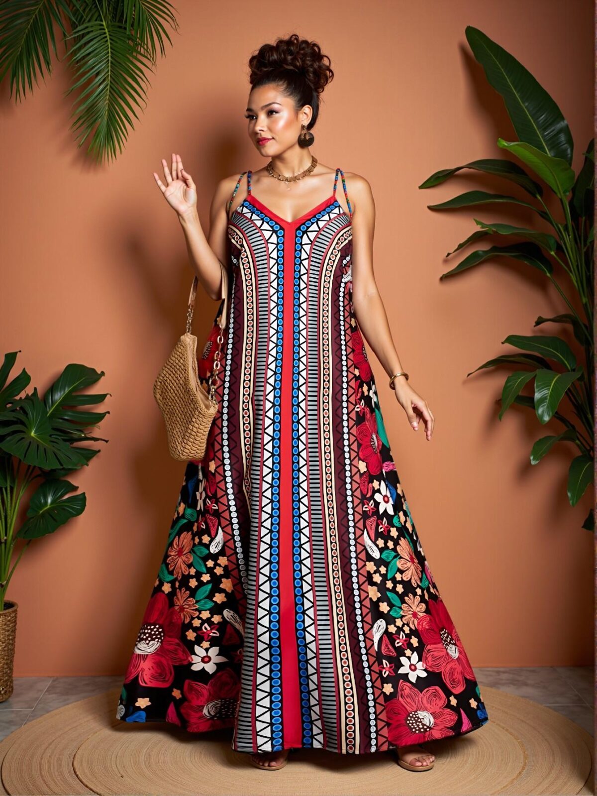 Elegant Multicolor Bohemian Beach Resort Print Long Dress for Summer Getaways Chic, Classy and Trendy Fashion Style to Dress to Impress - Image 5