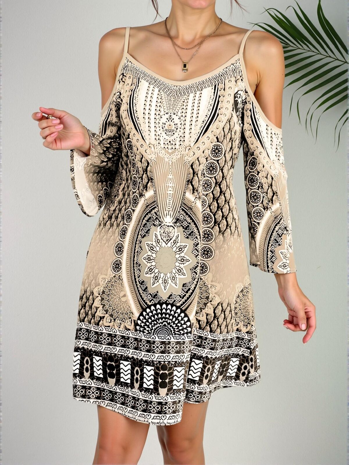 Elegant Apricot Boho Vintage Cold Shoulder Midi Dress Perfect for Spring and Summer Vacations and Leisure Outings - Chic, Classy and Trendy Fashion Style to Dress to Impress - Image 4