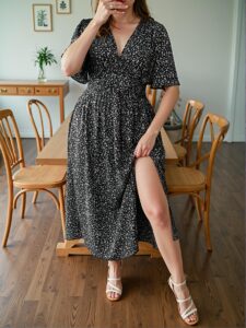 Elegant Black Flouncy Sleeve Ditsy Floral Print Deep V Neck Dress with Thigh Slit for Spring and Summer Chic, Classy and Trendy Fashion Style to Dress to Impress