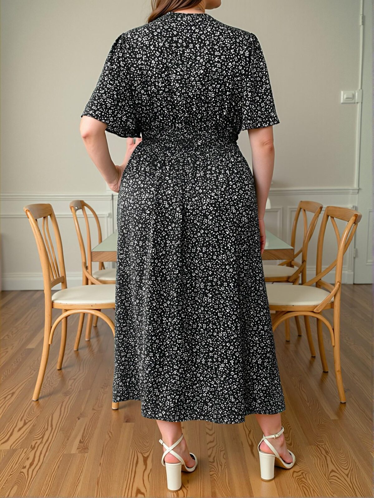 Elegant Black Flouncy Sleeve Ditsy Floral Print Deep V Neck Dress with Thigh Slit for Spring and Summer Chic, Classy and Trendy Fashion Style to Dress to Impress - Image 2