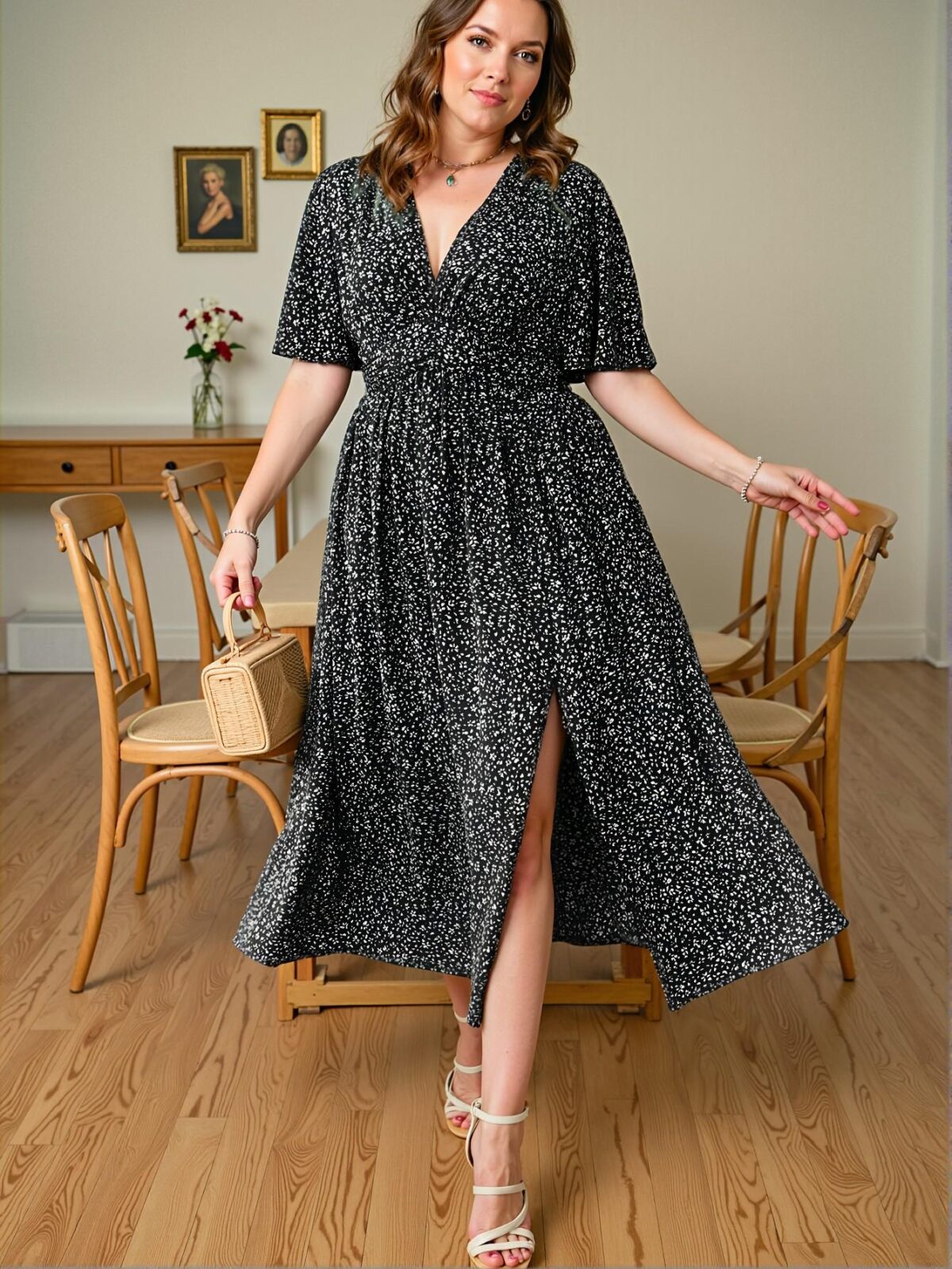 Elegant Black Flouncy Sleeve Ditsy Floral Print Deep V Neck Dress with Thigh Slit for Spring and Summer Chic, Classy and Trendy Fashion Style to Dress to Impress - Image 3