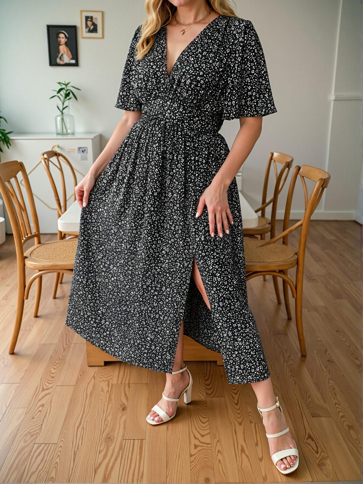 Elegant Black Flouncy Sleeve Ditsy Floral Print Deep V Neck Dress with Thigh Slit for Spring and Summer Chic, Classy and Trendy Fashion Style to Dress to Impress - Image 5