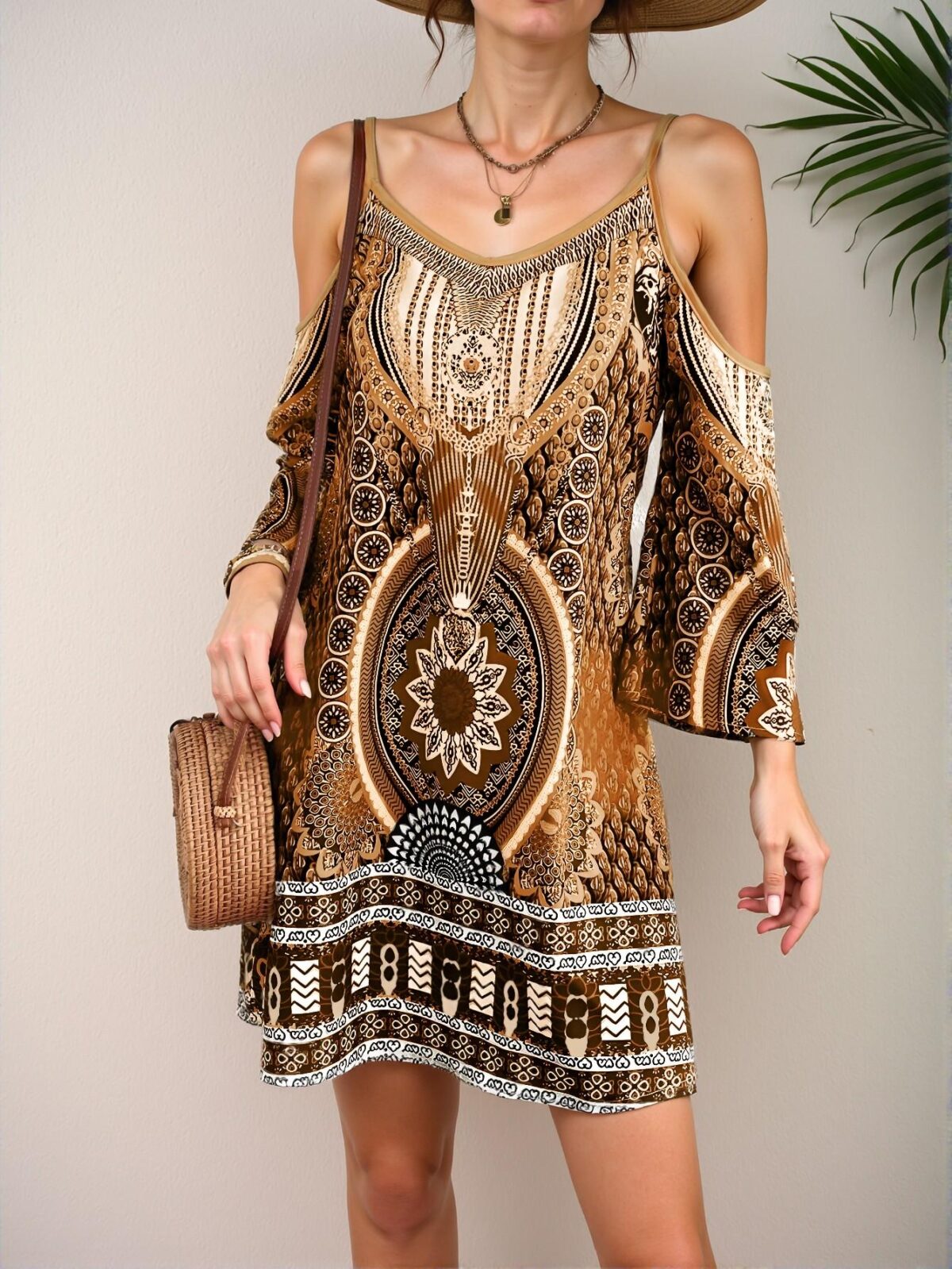 Elegant Brown Vintage-Inspired Off Shoulder Dress for Relaxing Beach Getaways in Spring and Summer - Chic, Classy and Trendy Fashion Style to Dress to Impress - Image 3