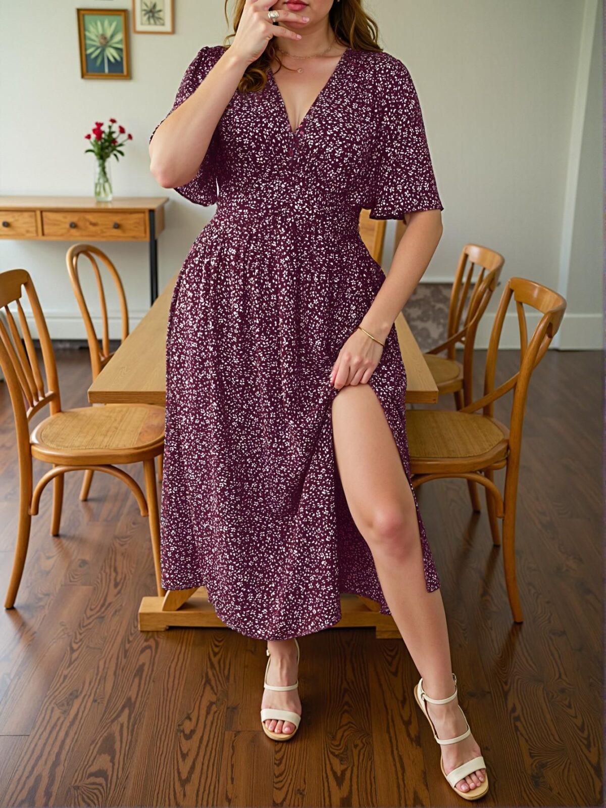 Elegant Burgundy Boho Floral Ruffle Dress for Summer Getaways - Chic, Classy and Trendy Fashion Style to Dress to Impress - Image 3