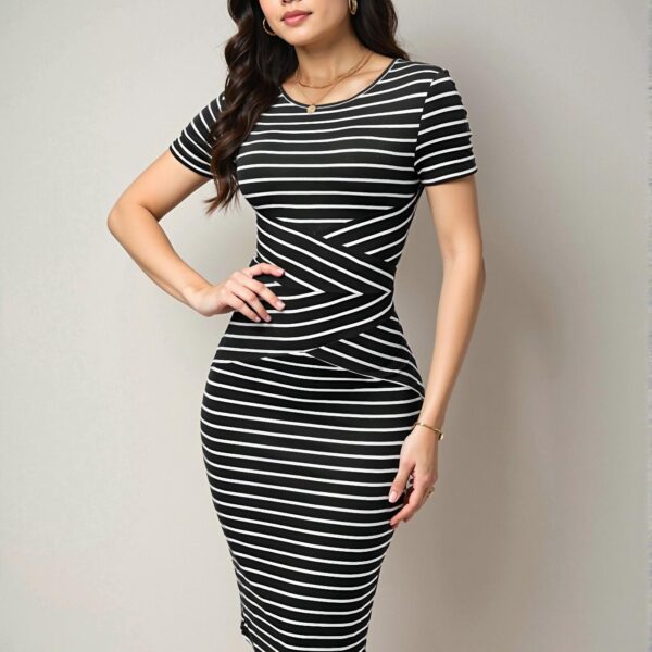 Elegant Black and White Striped Bodycon Dress for Spring and Summer - Chic, Classy and Trendy Fashion Style to Dress to Impress
