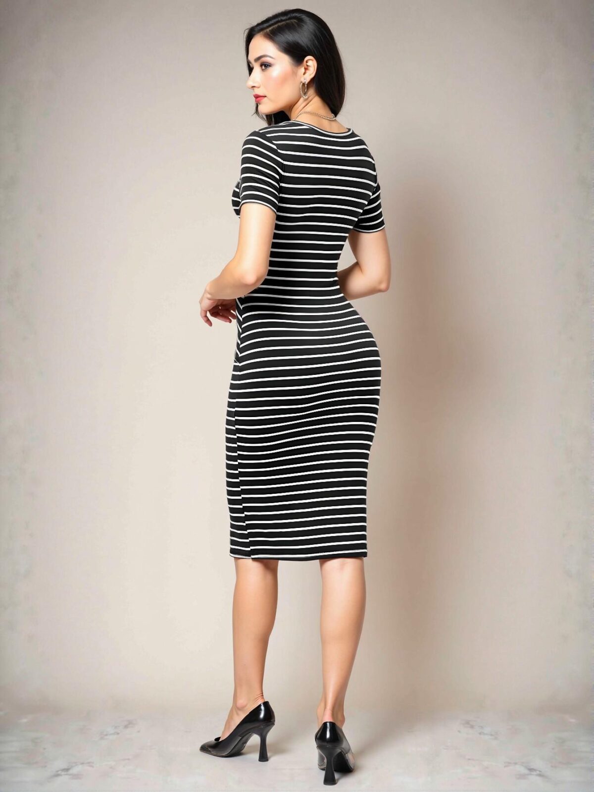 Elegant Black and White Striped Bodycon Dress for Spring and Summer - Chic, Classy and Trendy Fashion Style to Dress to Impress - Image 2