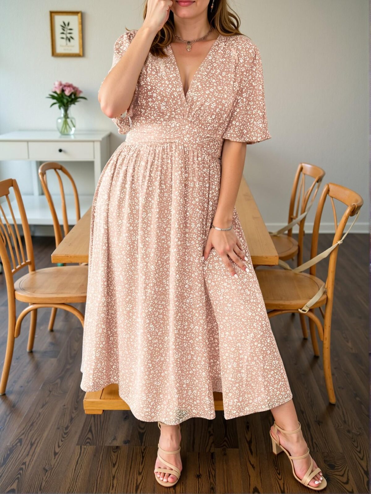 Elegant Pink Floral Print V-Neck Wrap Dress with Slit and Elastic Waistband for Spring and Summer - Chic, Classy and Trendy Fashion Style to Dress to Impress