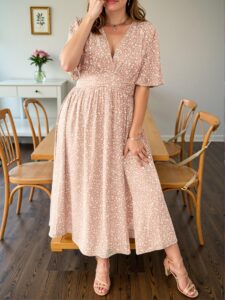 Elegant Pink Floral Print V-Neck Wrap Dress with Slit and Elastic Waistband for Spring and Summer - Chic, Classy and Trendy Fashion Style to Dress to Impress