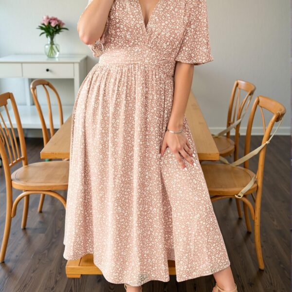 Elegant Pink Floral Print V-Neck Wrap Dress with Slit and Elastic Waistband for Spring and Summer - Chic, Classy and Trendy Fashion Style to Dress to Impress