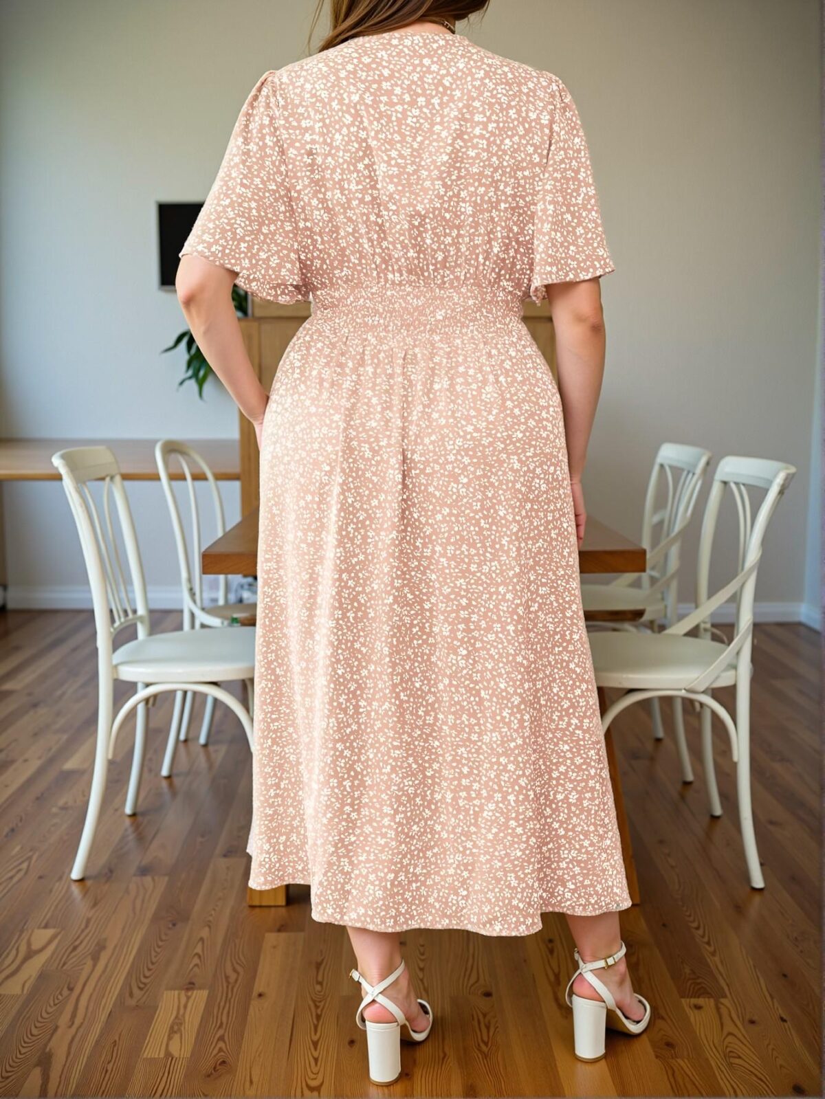 Elegant Pink Floral Print V-Neck Wrap Dress with Slit and Elastic Waistband for Spring and Summer - Chic, Classy and Trendy Fashion Style to Dress to Impress - Image 2