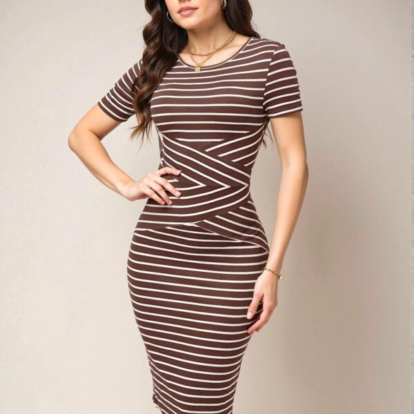 Elegant Brown Striped Crew Neck Short Sleeve Slim Fit Mid-Length Dress Perfect for Spring and Summer - Chic, Classy and Trendy Fashion Style to Dress to Impress
