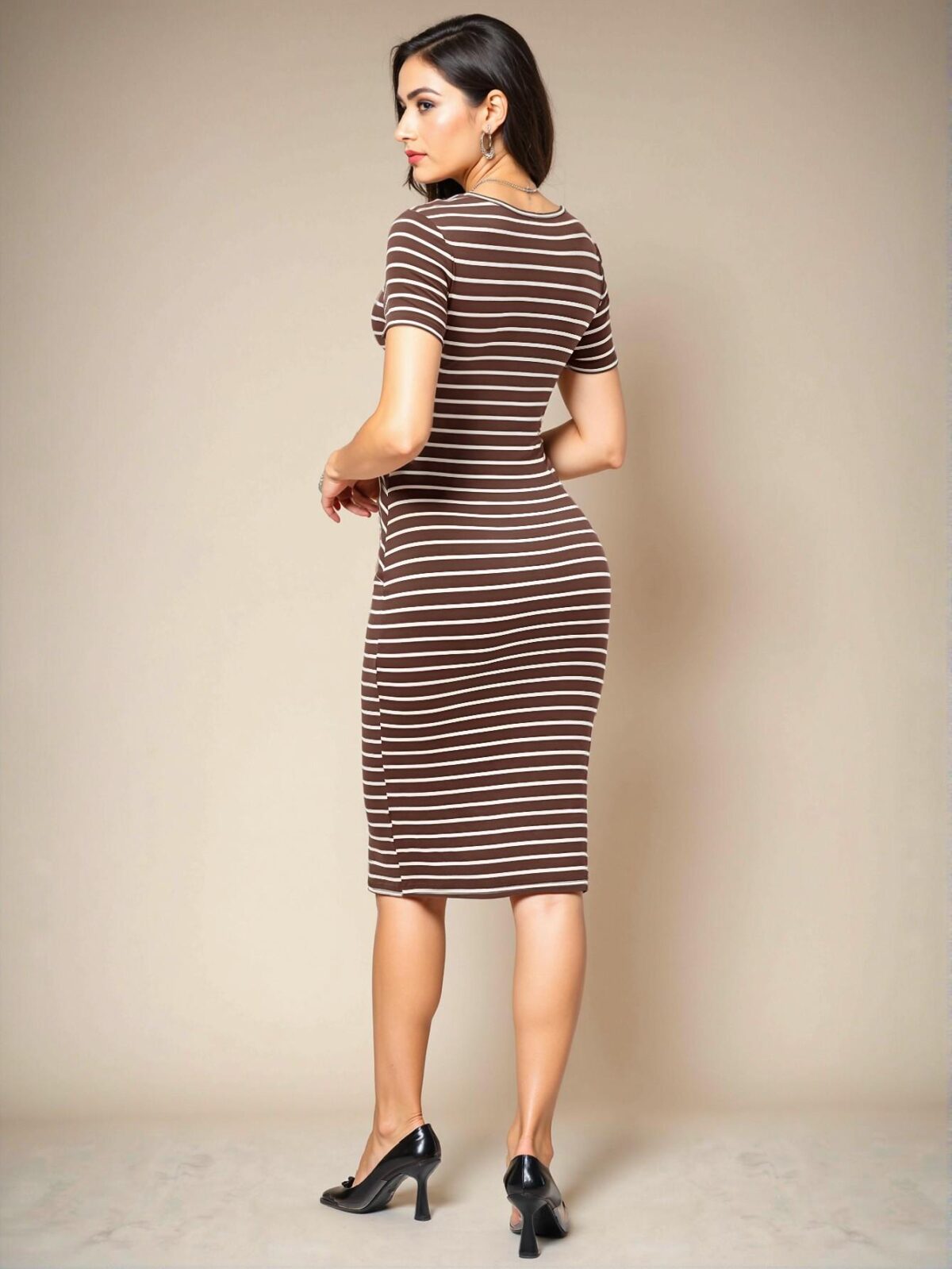 Elegant Brown Striped Crew Neck Short Sleeve Slim Fit Mid-Length Dress Perfect for Spring and Summer - Chic, Classy and Trendy Fashion Style to Dress to Impress - Image 2