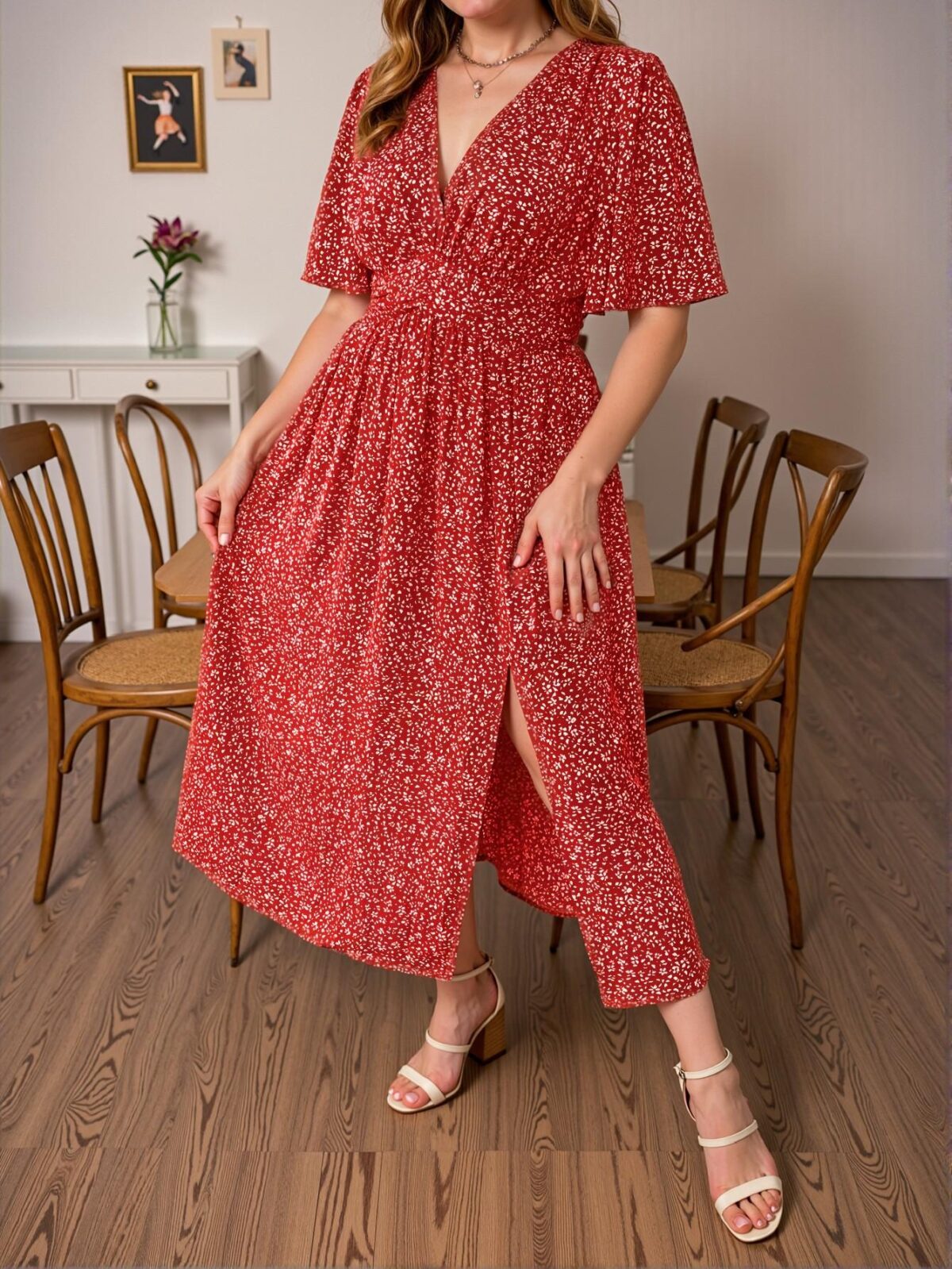 Elegant Red Flowy Floral Print Waist Cinched A-Line Dress for Spring and Summer - Chic, Classy and Trendy Fashion Style to Dress to Impress - Image 3