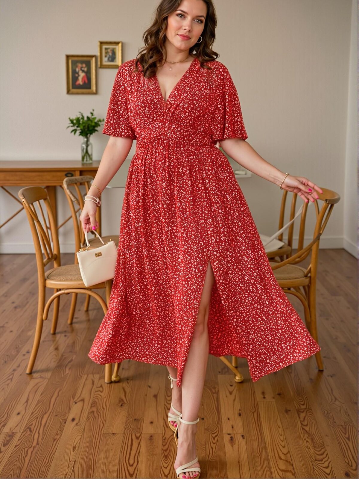 Elegant Red Flowy Floral Print Waist Cinched A-Line Dress for Spring and Summer - Chic, Classy and Trendy Fashion Style to Dress to Impress - Image 5