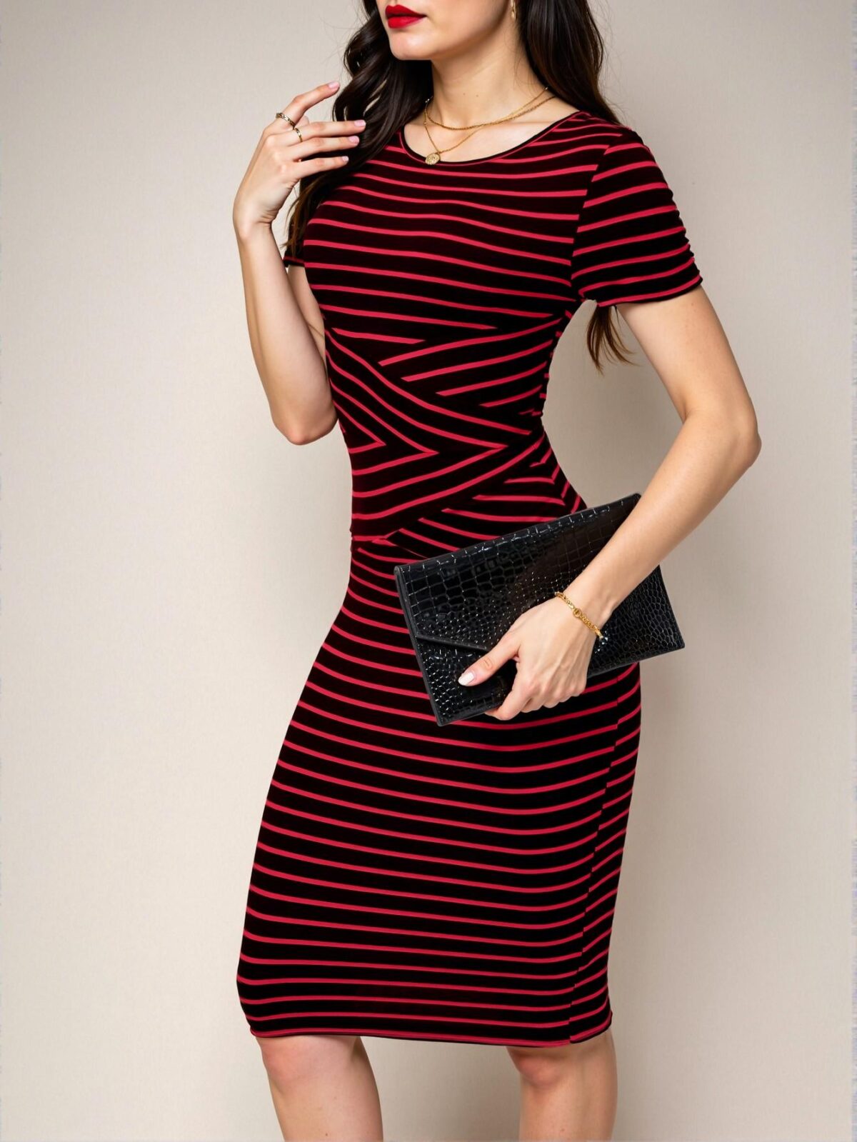 Elegant Multicolor Stylish Striped Short Sleeve Bodycon Dress for Spring and Summer - Chic, Classy and Trendy Fashion Style to Dress to Impress - Image 4