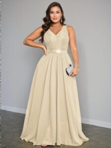 Elegant Champagne V-Neck Sleeveless Back Zipper Pleated Maxi Dress Perfect for Spring and Summer Chic, Classy and Trendy Fashion Style to Dress to Impress