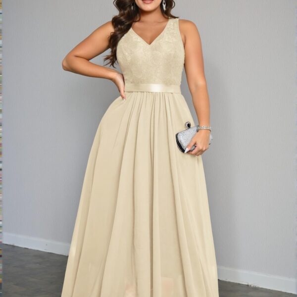 Elegant Champagne V-Neck Sleeveless Back Zipper Pleated Maxi Dress Perfect for Spring and Summer Chic, Classy and Trendy Fashion Style to Dress to Impress