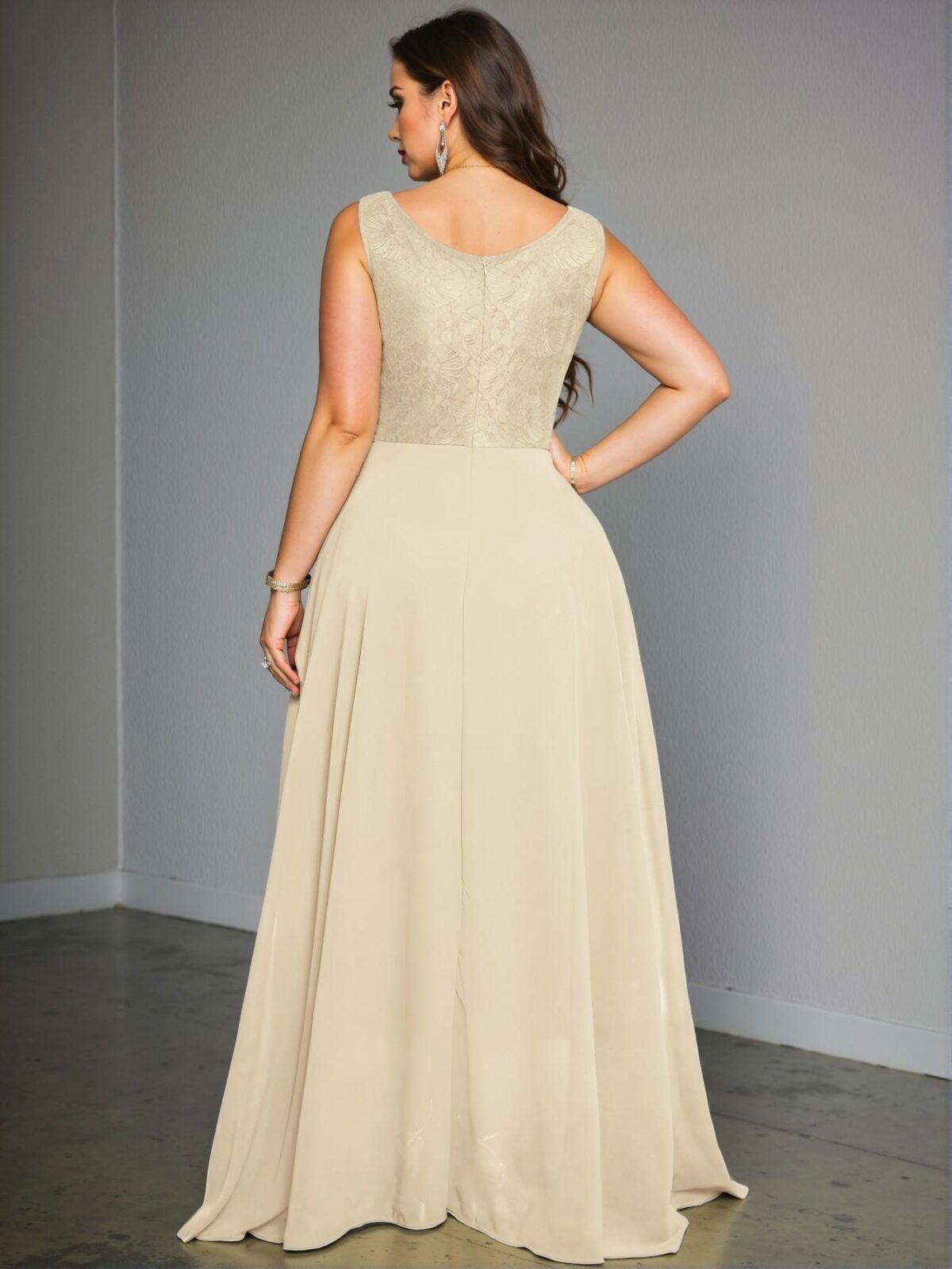 Elegant Champagne V-Neck Sleeveless Back Zipper Pleated Maxi Dress Perfect for Spring and Summer Chic, Classy and Trendy Fashion Style to Dress to Impress - Image 2