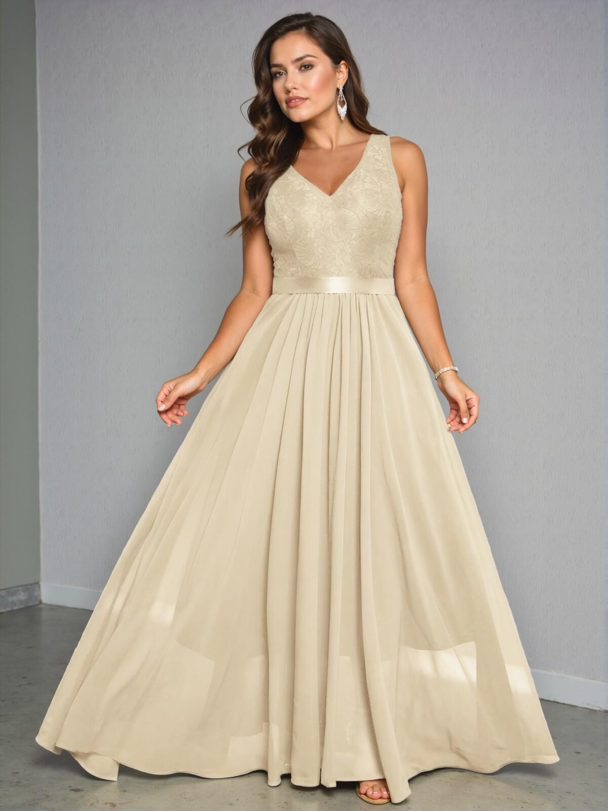 Elegant Champagne V-Neck Sleeveless Back Zipper Pleated Maxi Dress Perfect for Spring and Summer Chic, Classy and Trendy Fashion Style to Dress to Impress - Image 3