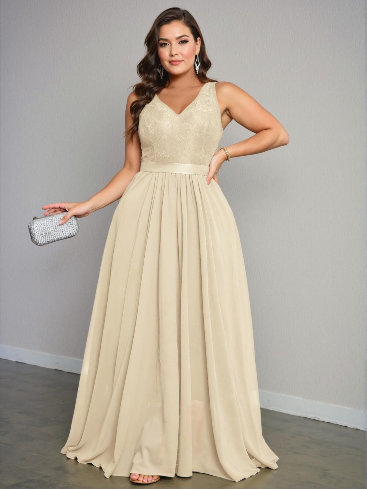 Elegant Champagne V-Neck Sleeveless Back Zipper Pleated Maxi Dress Perfect for Spring and Summer Chic, Classy and Trendy Fashion Style to Dress to Impress - Image 4