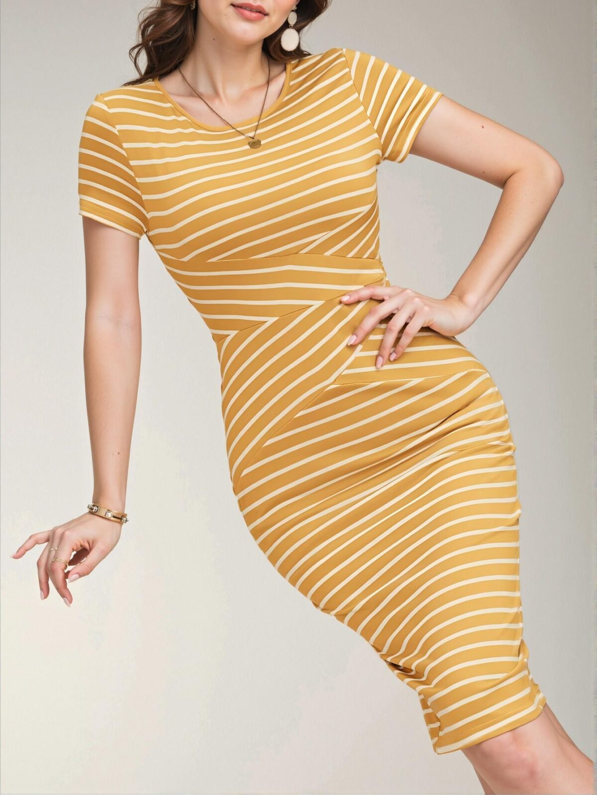 Elegant Butter Yellow Casual Striped Short Sleeve Bodycon Dress for Spring and Summer - Chic, Classy, and Trendy Fashion Style to Dress to Impress - Image 5