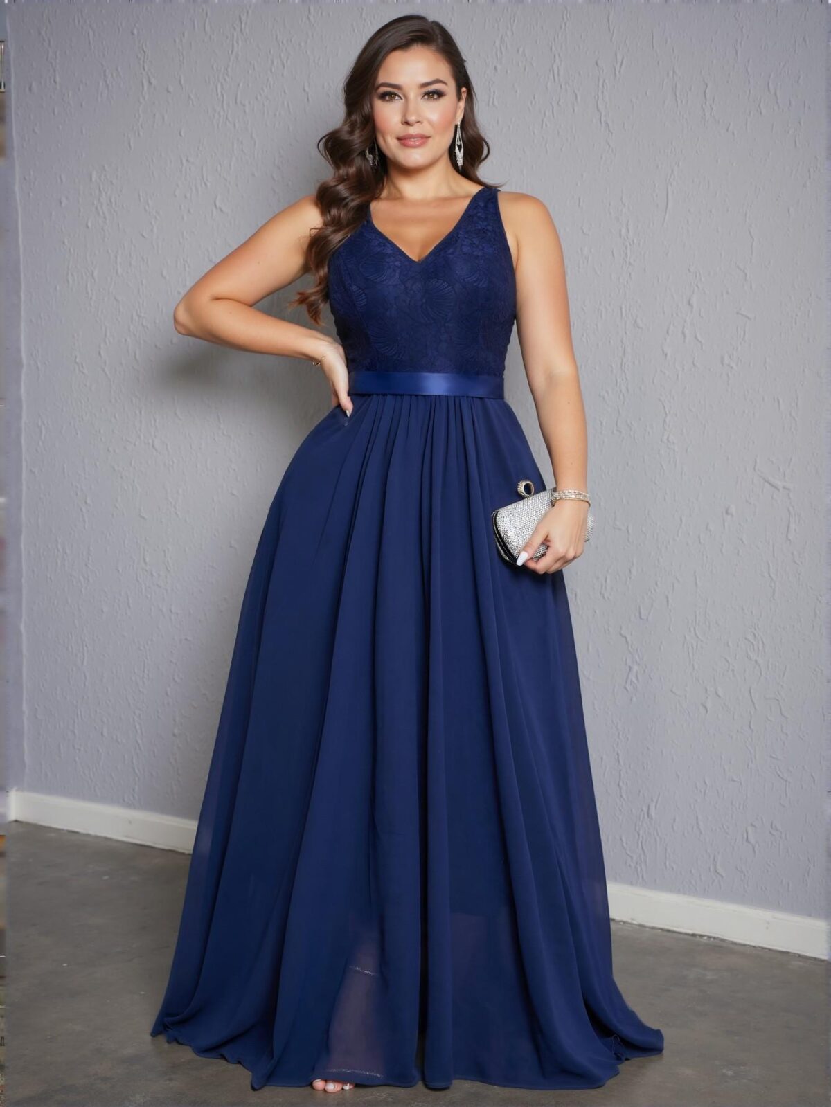 Elegant Navy Blue V-Neck Contrast Lace Sleeveless Maxi Dress for Spring and Summer - Chic, Classy, and Trendy Fashion Style to Dress to Impress