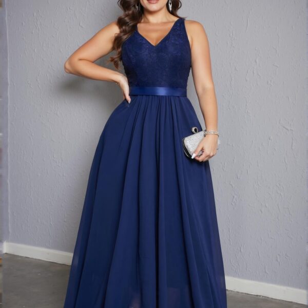 Elegant Navy Blue V-Neck Contrast Lace Sleeveless Maxi Dress for Spring and Summer - Chic, Classy, and Trendy Fashion Style to Dress to Impress