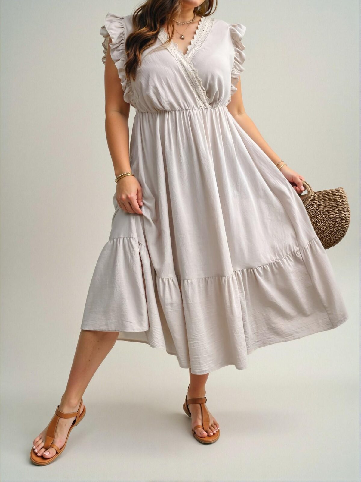 Elegant Apricot Flounce Sleeve A-Line Dress with Lace Patchwork and Ruffle Hem for Spring and Summer – Chic, Classy and Trendy Fashion Style to Dress to Impress