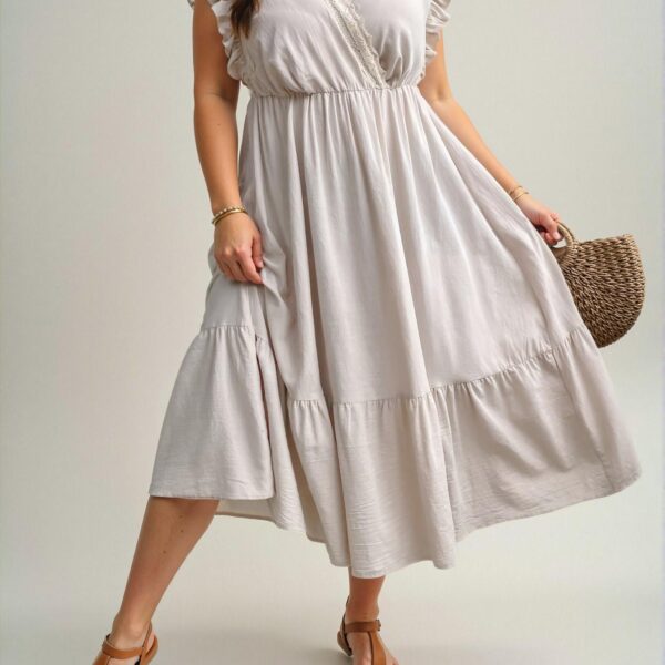 Elegant Apricot Flounce Sleeve A-Line Dress with Lace Patchwork and Ruffle Hem for Spring and Summer – Chic, Classy and Trendy Fashion Style to Dress to Impress
