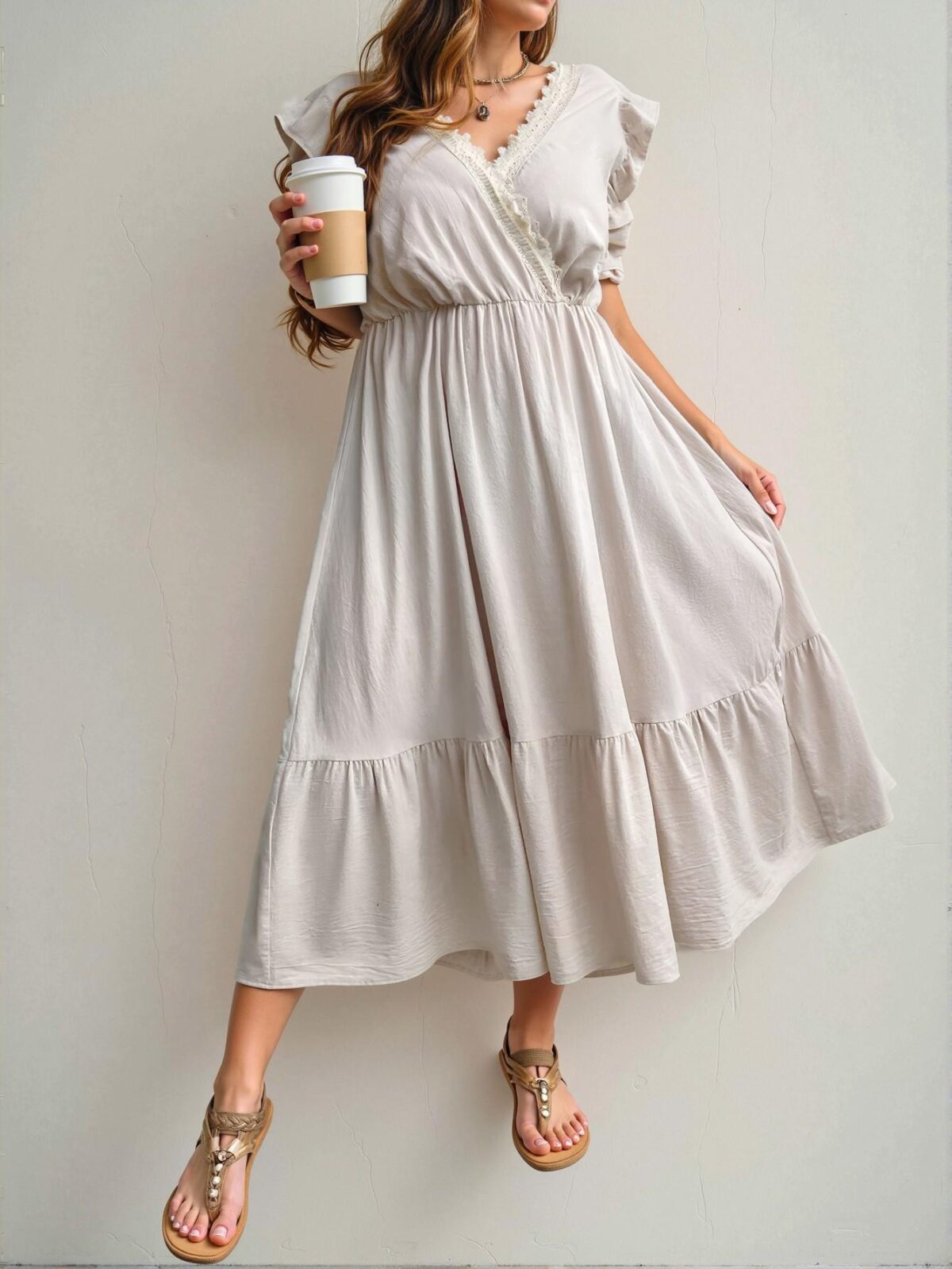 Elegant Apricot Flounce Sleeve A-Line Dress with Lace Patchwork and Ruffle Hem for Spring and Summer – Chic, Classy and Trendy Fashion Style to Dress to Impress - Image 3
