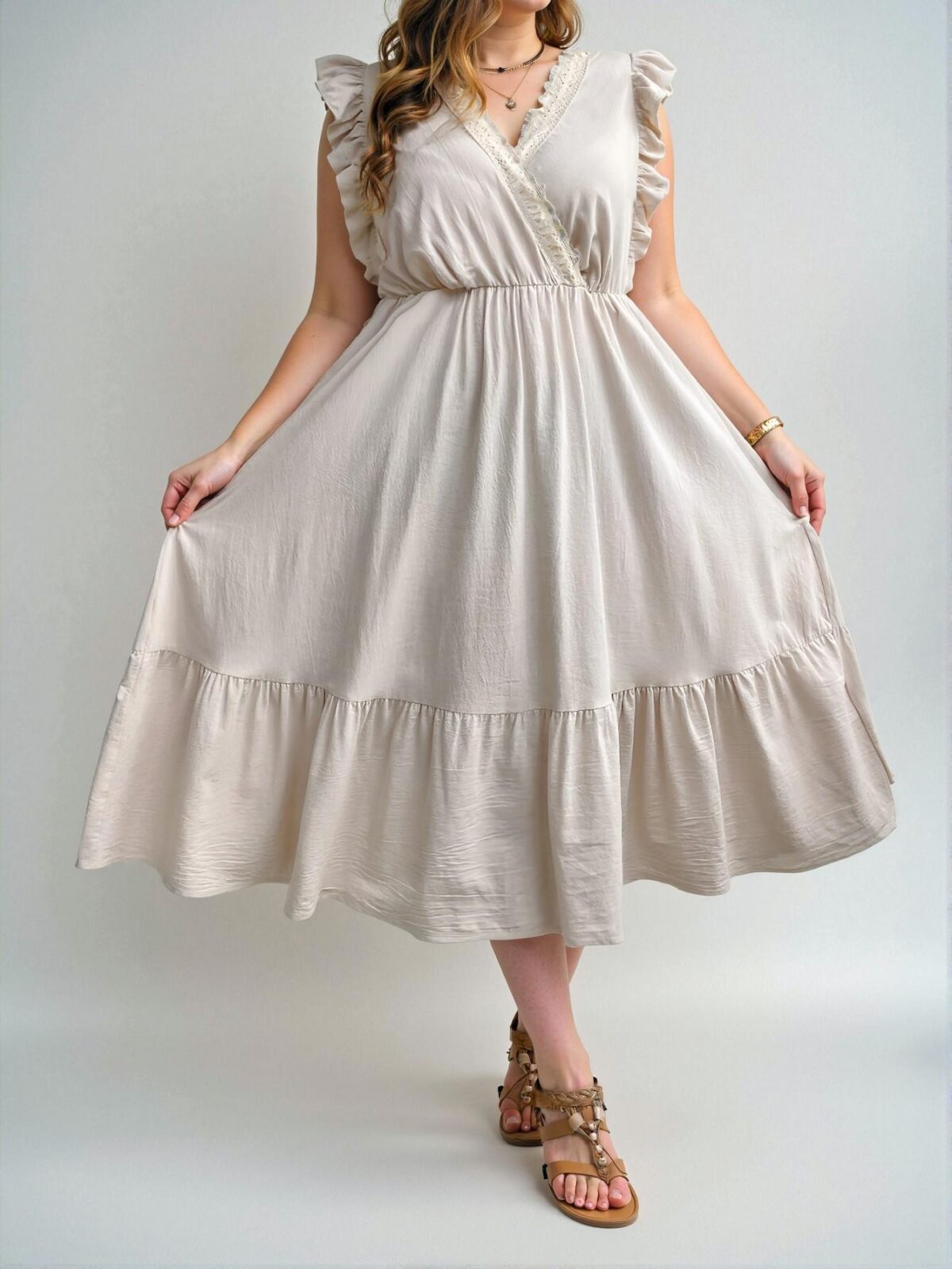 Elegant Apricot Flounce Sleeve A-Line Dress with Lace Patchwork and Ruffle Hem for Spring and Summer – Chic, Classy and Trendy Fashion Style to Dress to Impress - Image 4