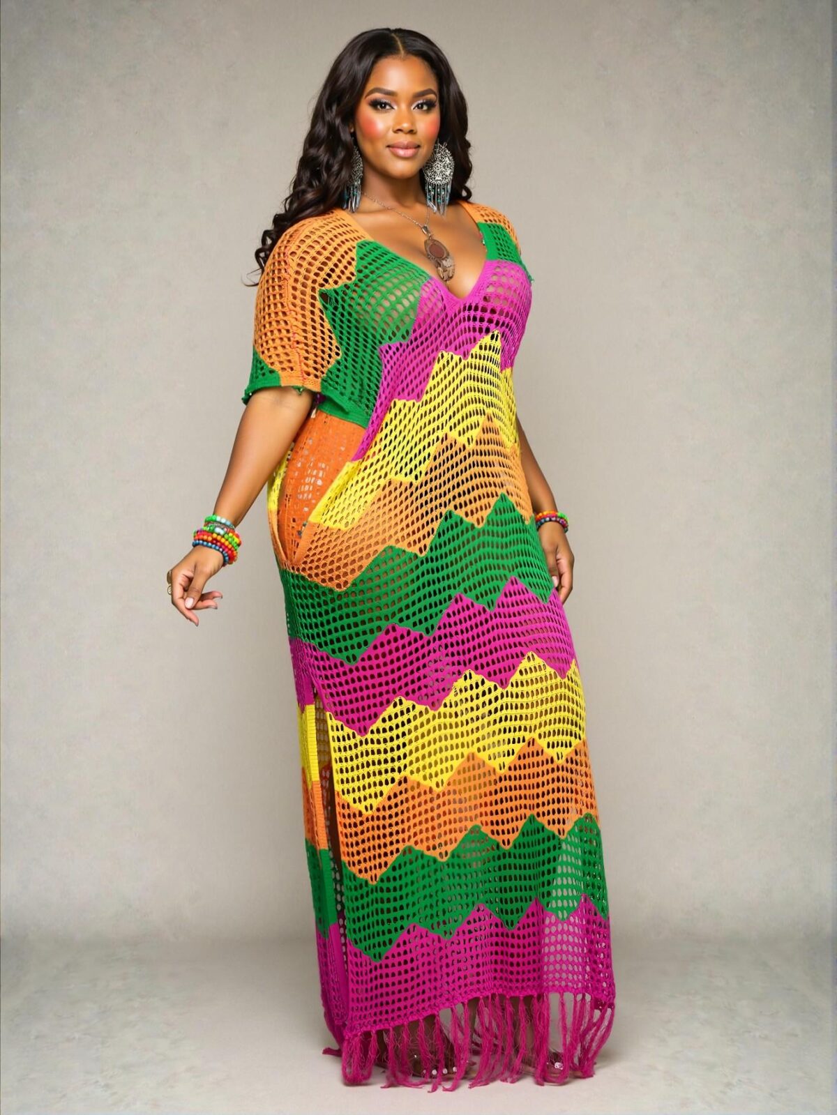 Elegant Multicolor Stylish and Casual Plus Size Beach Maxi Dress with Hollow V-Neck and Asymmetrical Hem for Spring and Summer Fashion "Chic, Classy and Trendy Fashion Style to Dress to Impress"