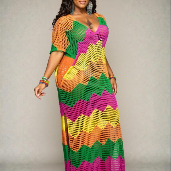 Elegant Multicolor Stylish and Casual Plus Size Beach Maxi Dress with Hollow V-Neck and Asymmetrical Hem for Spring and Summer Fashion "Chic, Classy and Trendy Fashion Style to Dress to Impress"
