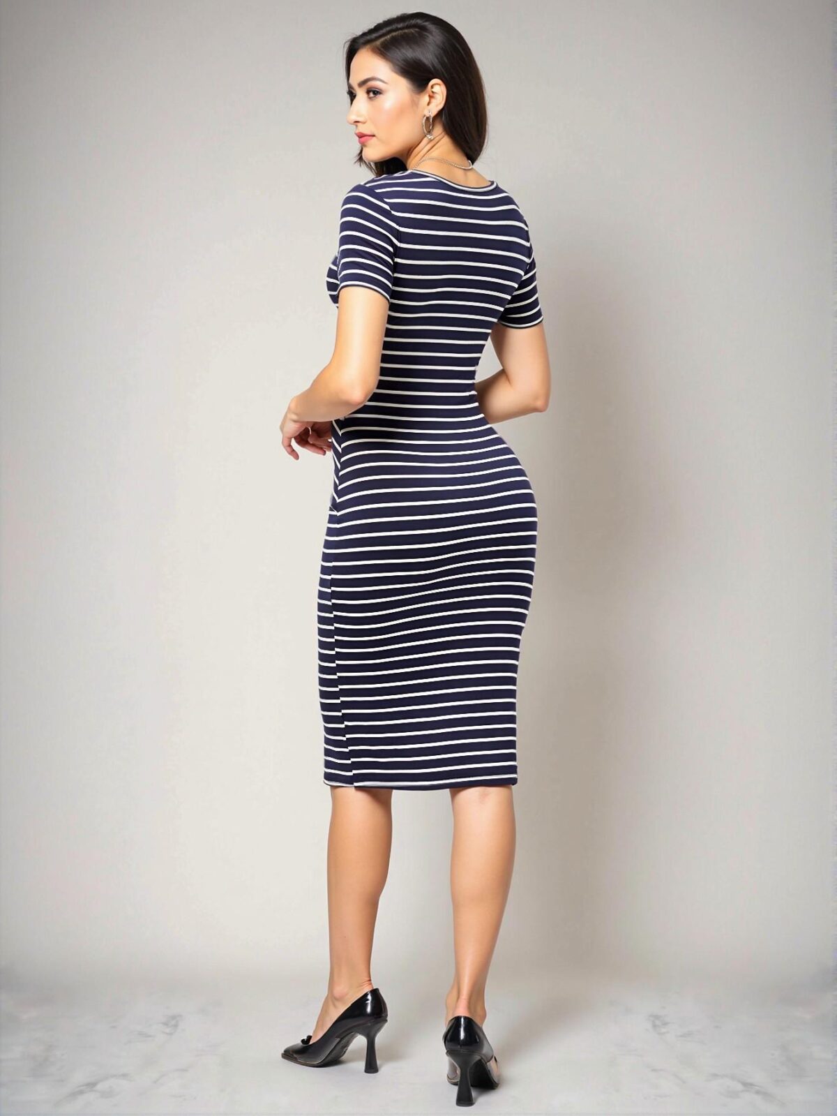 Elegant Navy Blue Striped Bodycon Dress for Spring and Summer - Chic, Classy and Trendy Fashion Style to Dress to Impress - Image 2