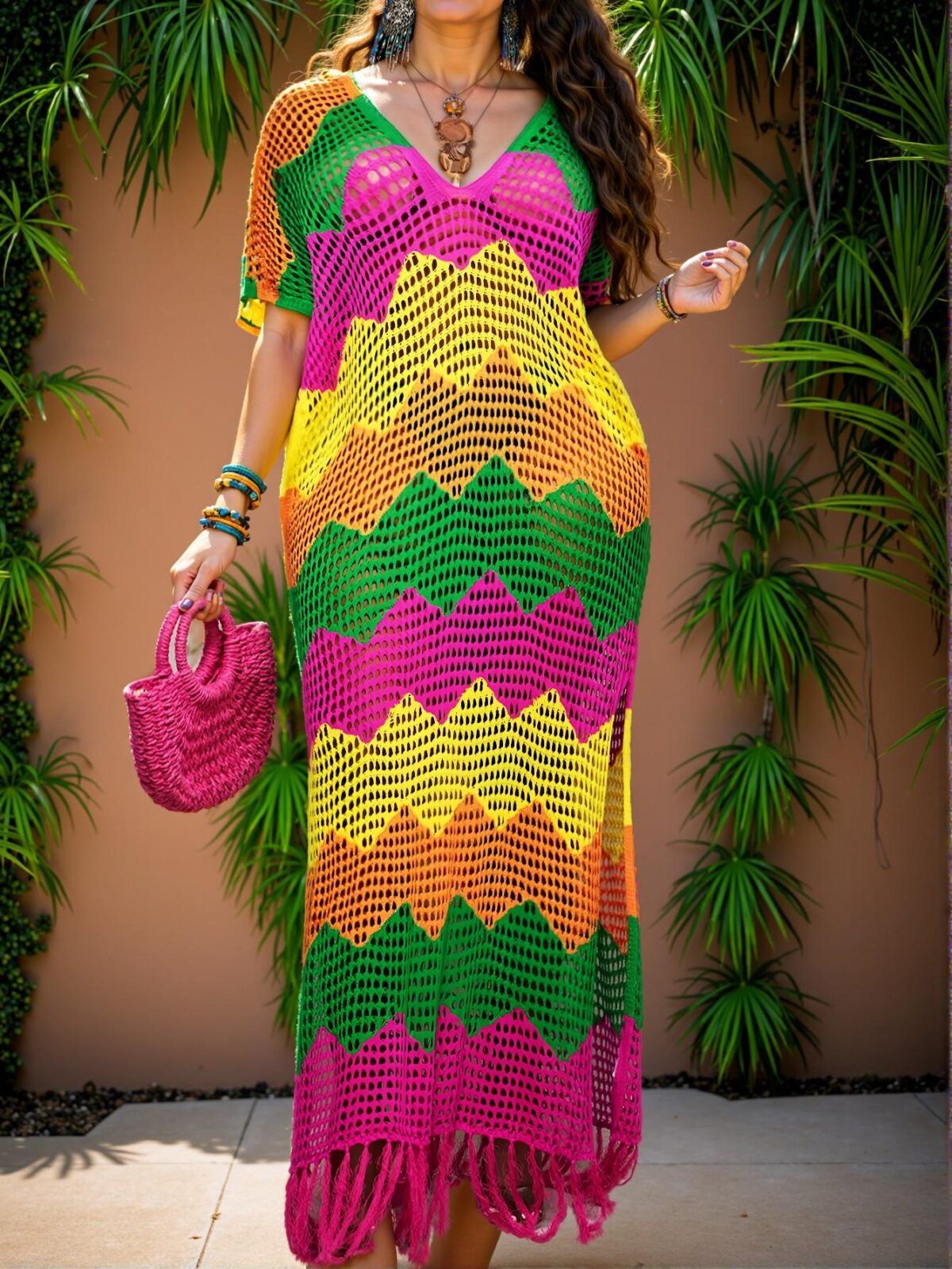 Elegant Multicolor Stylish and Casual Plus Size Beach Maxi Dress with Hollow V-Neck and Asymmetrical Hem for Spring and Summer Fashion "Chic, Classy and Trendy Fashion Style to Dress to Impress" - Image 2